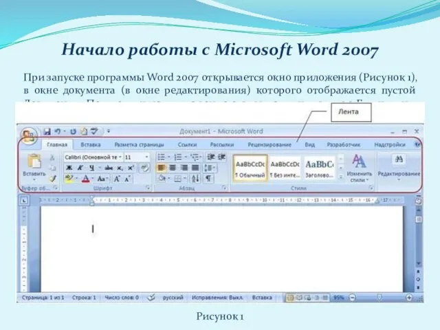 Начало работы с Microsoft Word 2007 При запуске программы Word 2007 открывается