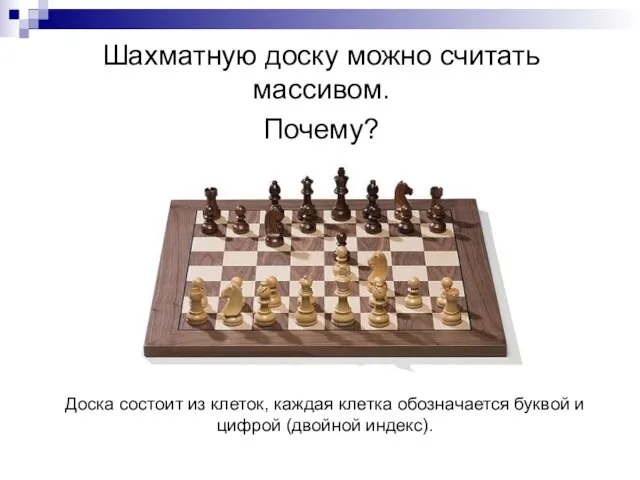 Шахматную доску можно считать массивом. Почему? Доска состоит из клеток, каждая клетка