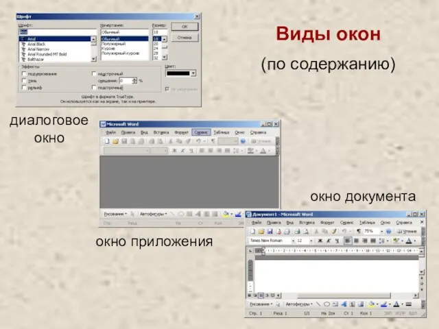 Виды окон (по содержанию) диалоговое окно окно приложения окно документа
