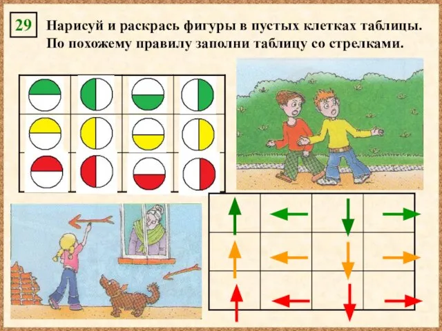 Нарисуй и раскрась фигуры в пустых клетках таблицы. По похожему правилу заполни таблицу со стрелками. 29