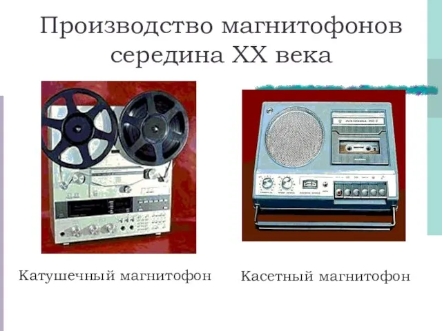 Производство магнитофонов середина XX века Катушечный магнитофон Касетный магнитофон