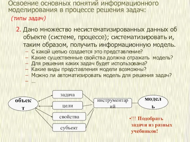 Освоение основных понятий информационного моделирования в процессе решения задач: (типы задач) 2.