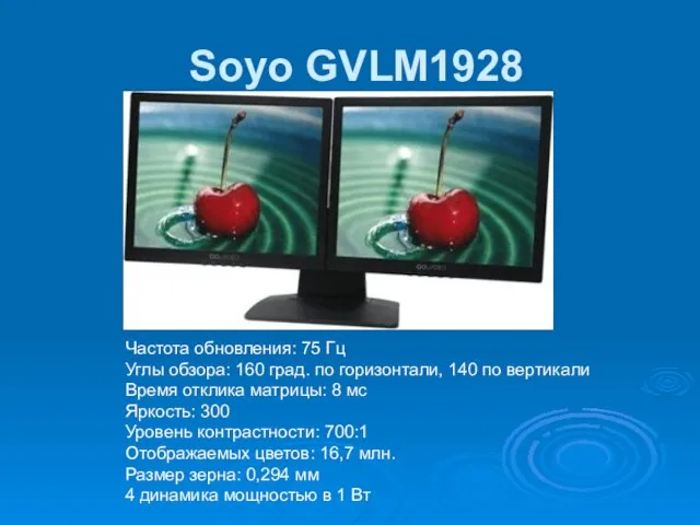 Soyo GVLM1928 Частота обновления: 75 Гц Углы обзора: 160 град. по горизонтали,