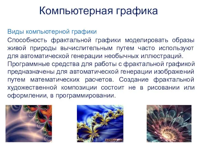 Виды компьютерной графики Способность фрактальной графики моделировать образы живой природы вычислительным путем