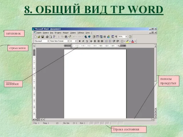 8. ОБЩИЙ ВИД ТР WORD заголовок строка меню строка состояния линейки полосы прокрутки