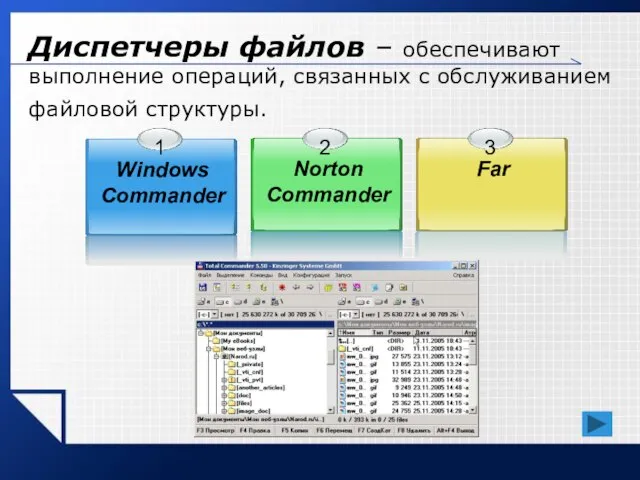 Диспетчеры файлов – обеспечивают выполнение операций, связанных с обслуживанием файловой структуры.