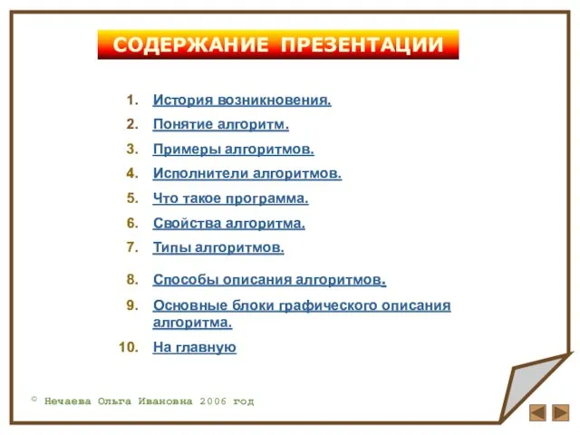 СОДЕРЖАНИЕ ПРЕЗЕНТАЦИИ История возникновения. Понятие алгоритм. Примеры алгоритмов. Исполнители алгоритмов. Что такое