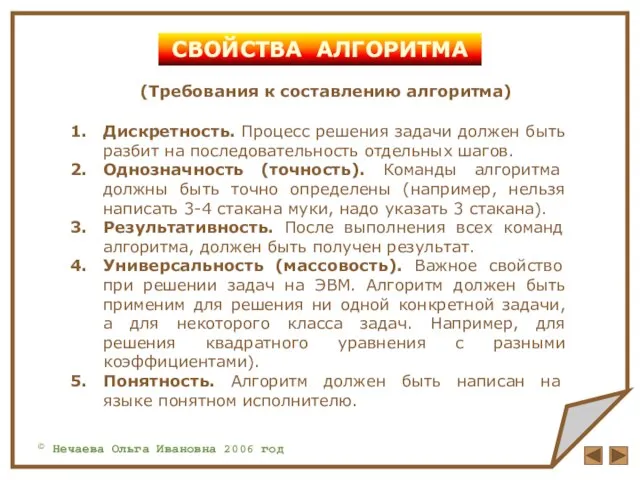 © Нечаева Ольга Ивановна 2006 год СВОЙСТВА АЛГОРИТМА (Требования к составлению алгоритма)