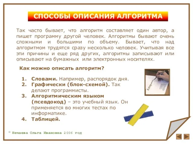 © Нечаева Ольга Ивановна 2006 год СПОСОБЫ ОПИСАНИЯ АЛГОРИТМА Так часто бывает,