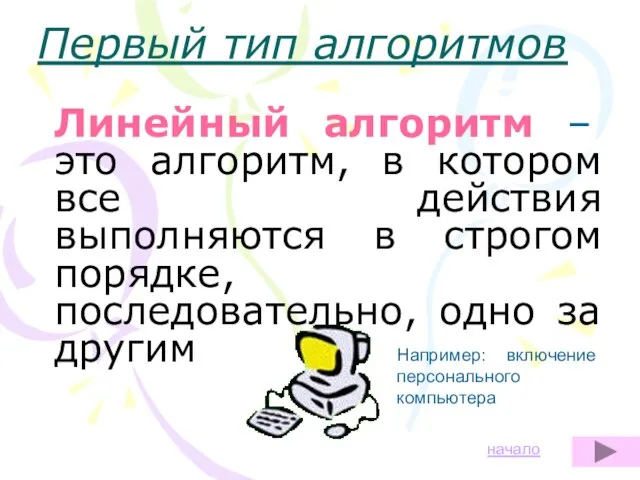 Линейный алгоритм – это алгоритм, в котором все действия выполняются в строгом