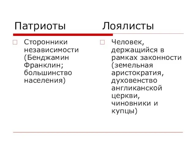 Патриоты Лоялисты Сторонники независимости (Бенджамин Франклин; большинство населения) Человек, держащийся в рамках