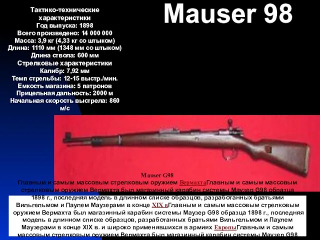 Mauser 98 Тактико-технические характеристики Год выпуска: 1898 Всего произведено: 14 000 000
