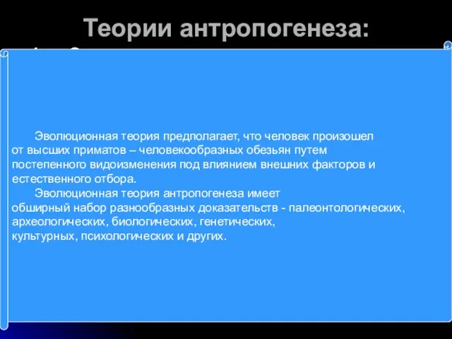 Теории антропогенеза: 1. Эволюционная теория. Эволюционная теория предполагает, что человек произошел от