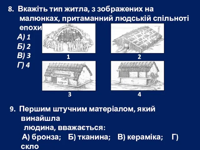 8. Вкажіть тип житла, з зображених на малюнках, притаманний людській спільноті епохи