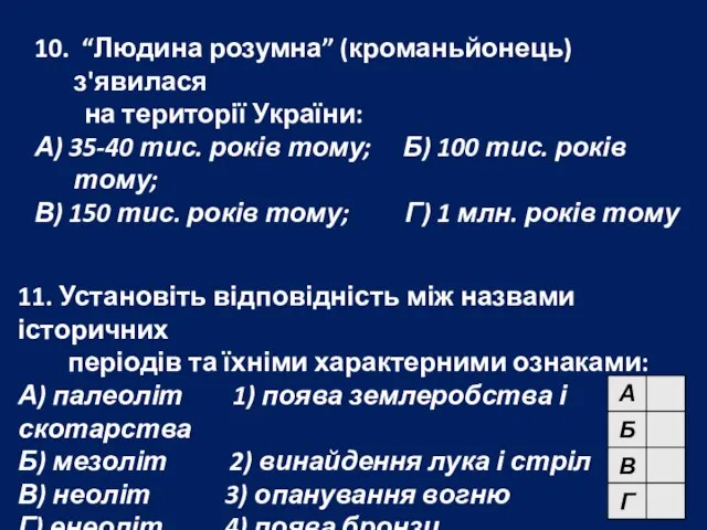 11. Установіть відповідність між назвами історичних періодів та їхніми характерними ознаками: А)