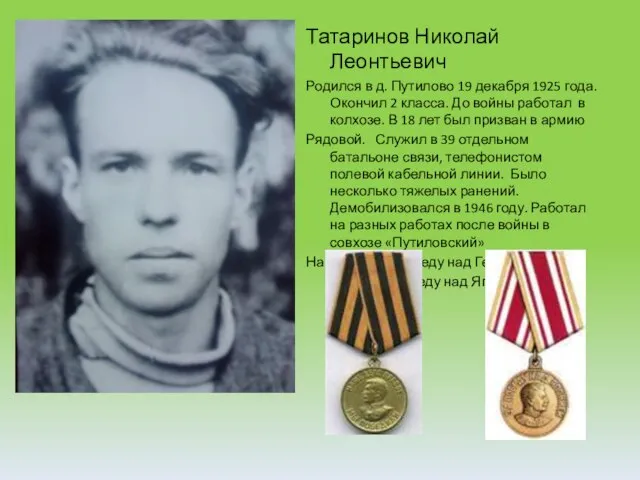 Татаринов Николай Леонтьевич Родился в д. Путилово 19 декабря 1925 года. Окончил