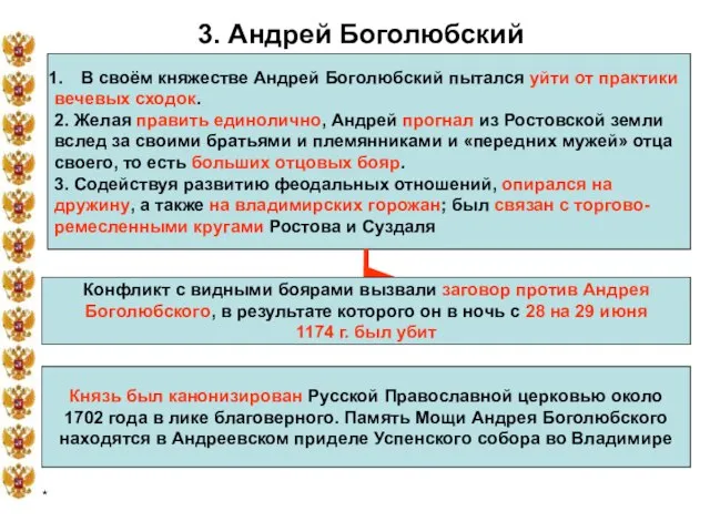 * 3. Андрей Боголюбский В своём княжестве Андрей Боголюбский пытался уйти от