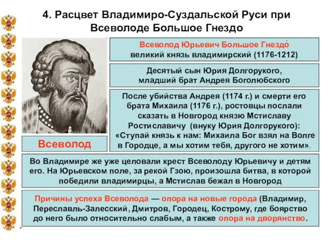 * 4. Расцвет Владимиро-Суздальской Руси при Всеволоде Большое Гнездо Всеволод Юрьевич Большое