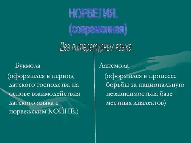 Лансмола (оформился в процессе борьбы за национальную независимостьна базе местных диалектов) НОРВЕГИЯ.