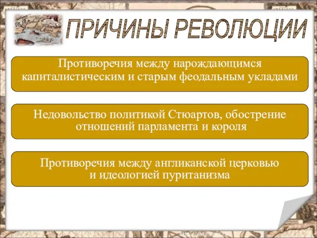 ПРИЧИНЫ РЕВОЛЮЦИИ Противоречия между нарождающимся капиталистическим и старым феодальным укладами Недовольство политикой