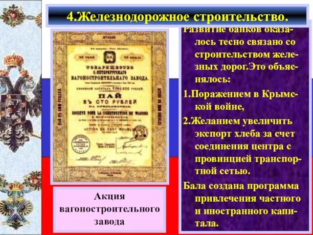 Развитие банков оказа-лось тесно связано со строительством желе-зных дорог.Это объяс-нялось: 1.Поражением в