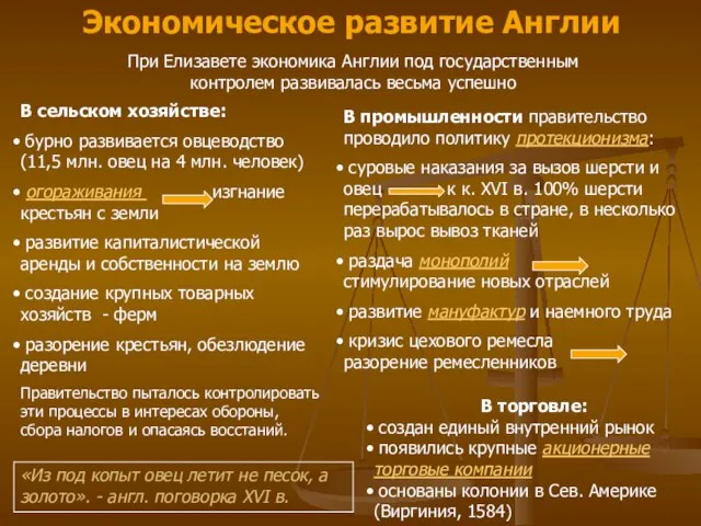 Экономическое развитие Англии В промышленности правительство проводило политику протекционизма: суровые наказания за