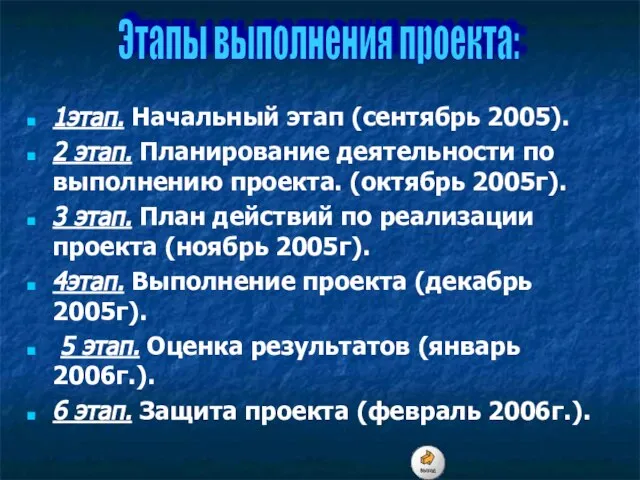 1этап. Начальный этап (сентябрь 2005). 2 этап. Планирование деятельности по выполнению проекта.