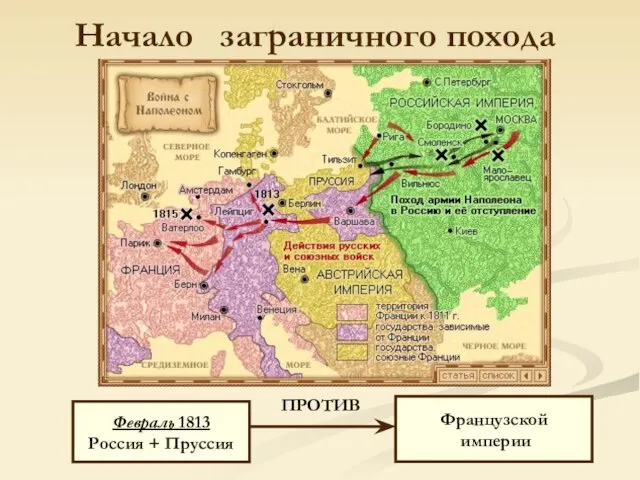 Начало заграничного похода Февраль 1813 Россия + Пруссия Французской империи ПРОТИВ