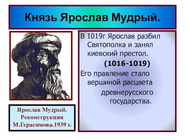 Князь Ярослав Мудрый. Ярослав Мудрый. Реконструкция М.Герасимова.1939 г. В 1019г Ярослав разбил