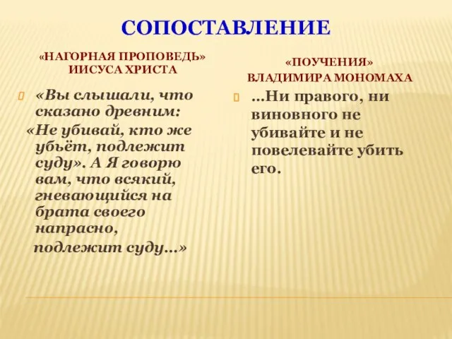 Сопоставление «Нагорная проповедь» Иисуса Христа «Поучения» Владимира Мономаха «Вы слышали, что сказано