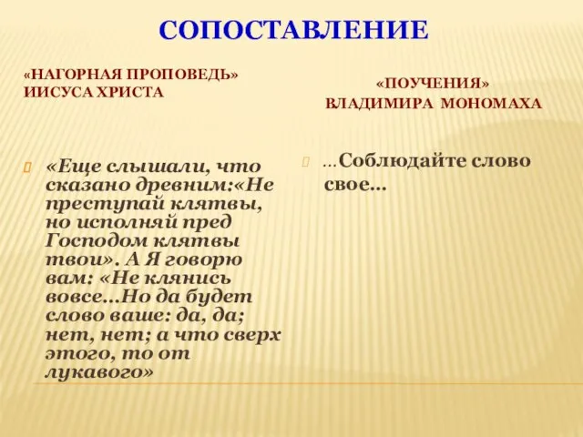 сопоставление «Нагорная проповедь» Иисуса Христа «Поучения» Владимира Мономаха «Еще слышали, что сказано