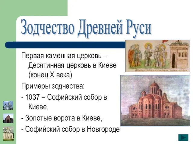 Зодчество Древней Руси Первая каменная церковь – Десятинная церковь в Киеве (конец