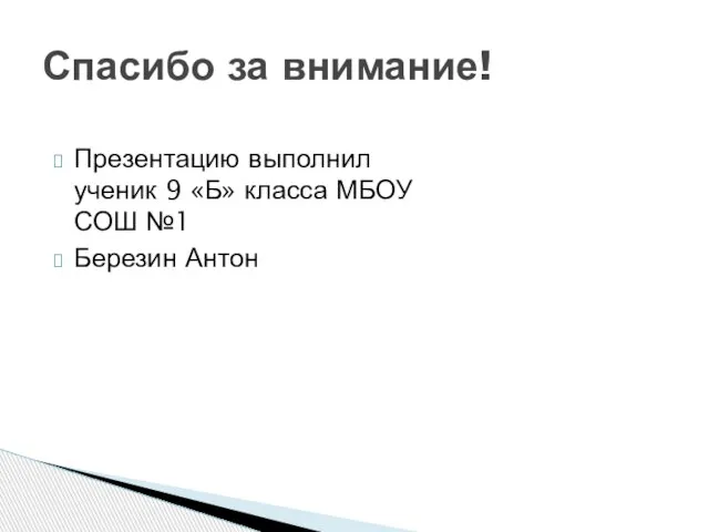 Презентацию выполнил ученик 9 «Б» класса МБОУ СОШ №1 Березин Антон Спасибо за внимание!