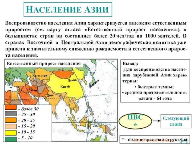 НАСЕЛЕНИЕ АЗИИ Воспроизводство населения Азии характеризуется высоким естественным приростом (см. карту атласа