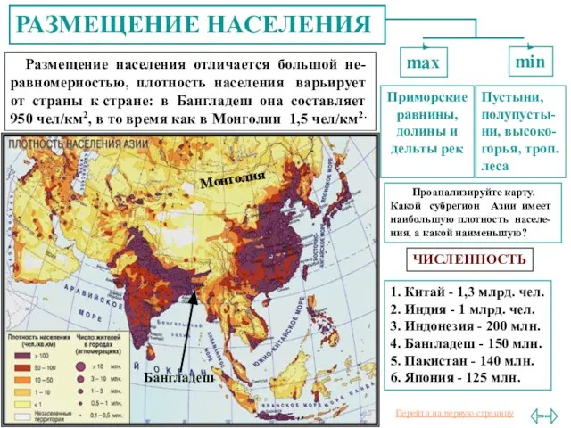 РАЗМЕЩЕНИЕ НАСЕЛЕНИЯ Размещение населения отличается большой не-равномерностью, плотность населения варьирует от страны