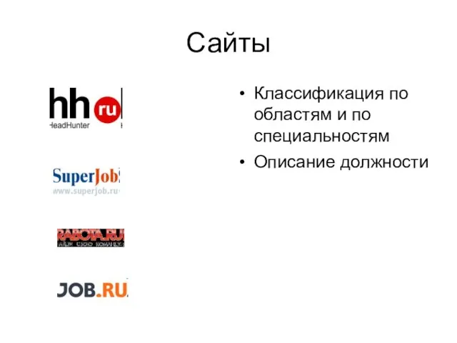 Сайты Классификация по областям и по специальностям Описание должности