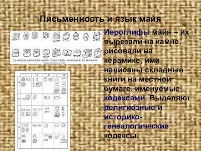 Письменность и язык майя Иероглифы майя – их вырезали на камне, рисовали