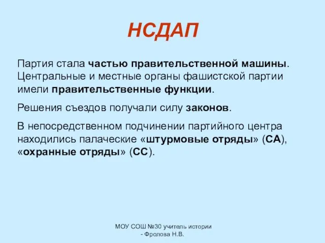 МОУ СОШ №30 учитель истории - Фролова Н.В. НСДАП Партия стала частью