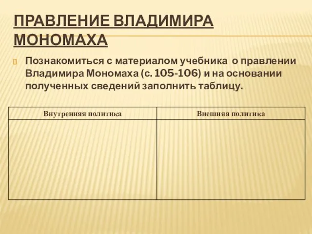 Правление Владимира Мономаха Познакомиться с материалом учебника о правлении Владимира Мономаха (с.