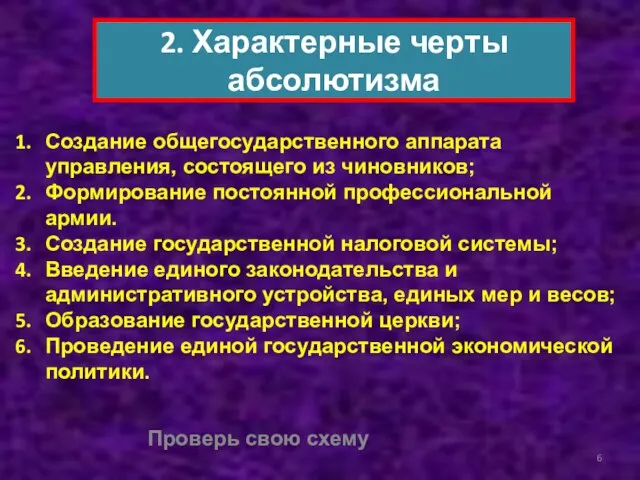 2. Характерные черты абсолютизма Создание общегосударственного аппарата управления, состоящего из чиновников; Формирование