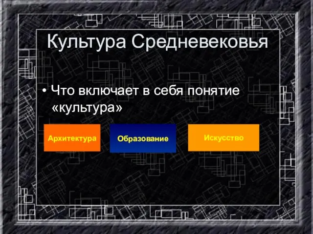 Культура Средневековья Что включает в себя понятие «культура» Архитектура Образование Искусство