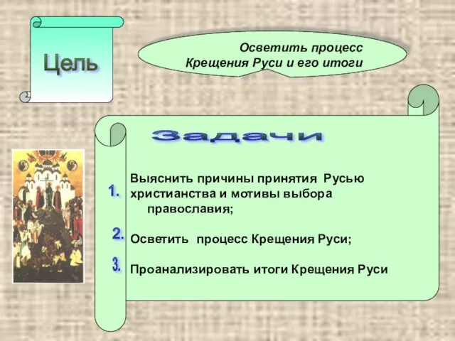 Цель Осветить процесс Крещения Руси и его итоги Выяснить причины принятия Русью