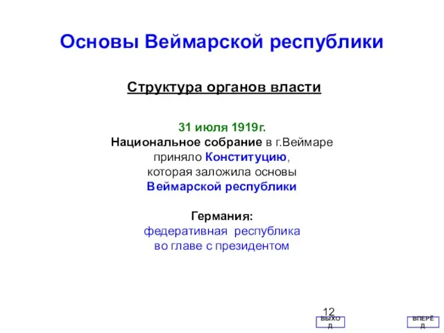 Основы Веймарской республики Структура органов власти ВПЕРЁД ВЫХОД 31 июля 1919г. Национальное