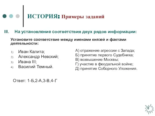 ИСТОРИЯ: Примеры заданий Иван Калита; Александр Невский; Ивана III; Василий Темный. Ответ: