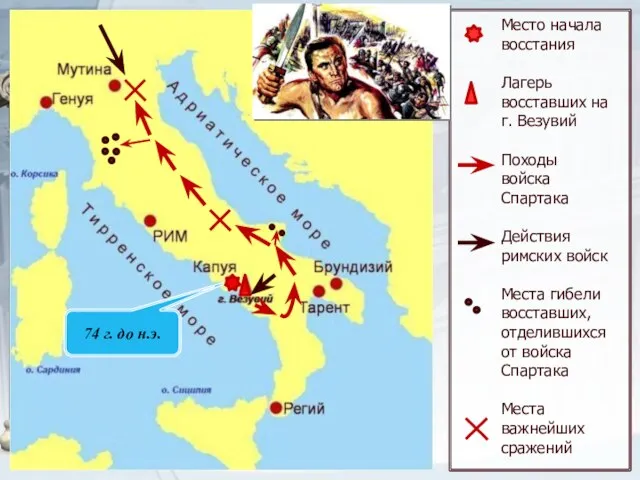 Место начала восстания Лагерь восставших на г. Везувий Походы войска Спартака Действия