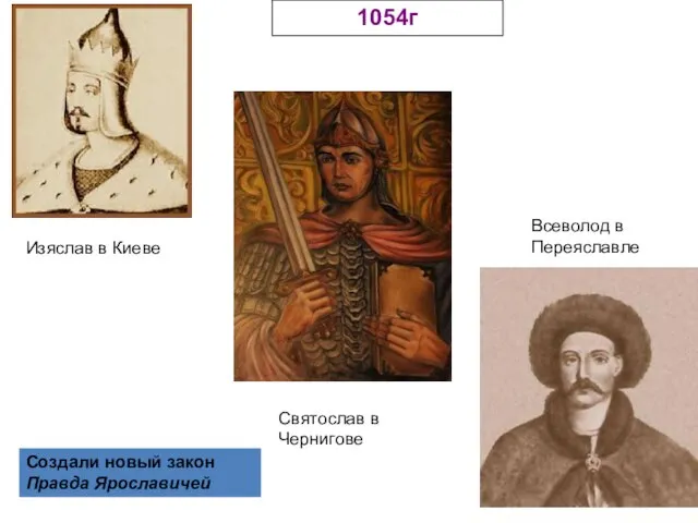 Изяслав в Киеве Святослав в Чернигове Всеволод в Переяславле 1054г Создали новый закон Правда Ярославичей