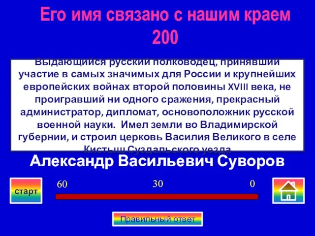 Александр Васильевич Суворов Выдающийся русский полководец, принявший участие в самых значимых для