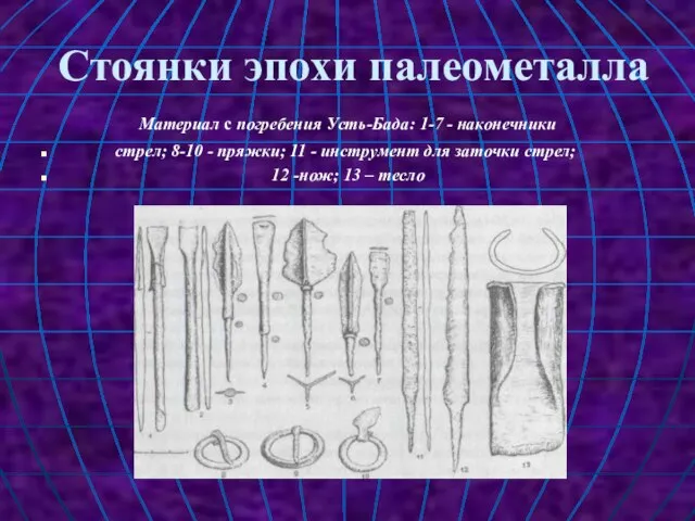 Стоянки эпохи палеометалла Материал с погребения Усть-Бада: 1-7 - наконечники стрел; 8-10