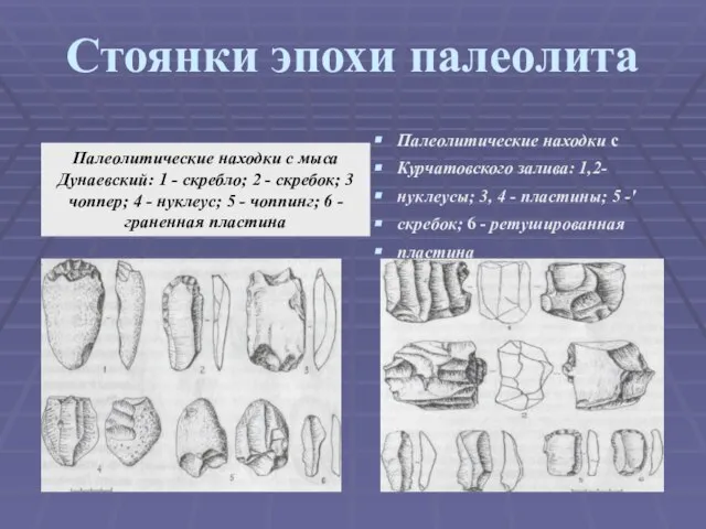 Стоянки эпохи палеолита Палеолитические находки с Курчатовского залива: 1,2- нуклеусы; 3, 4