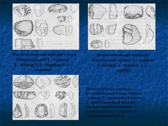 Палеолитические находки с Калтукского залива: 1 - скребло; 2 -чоппер; 3 -